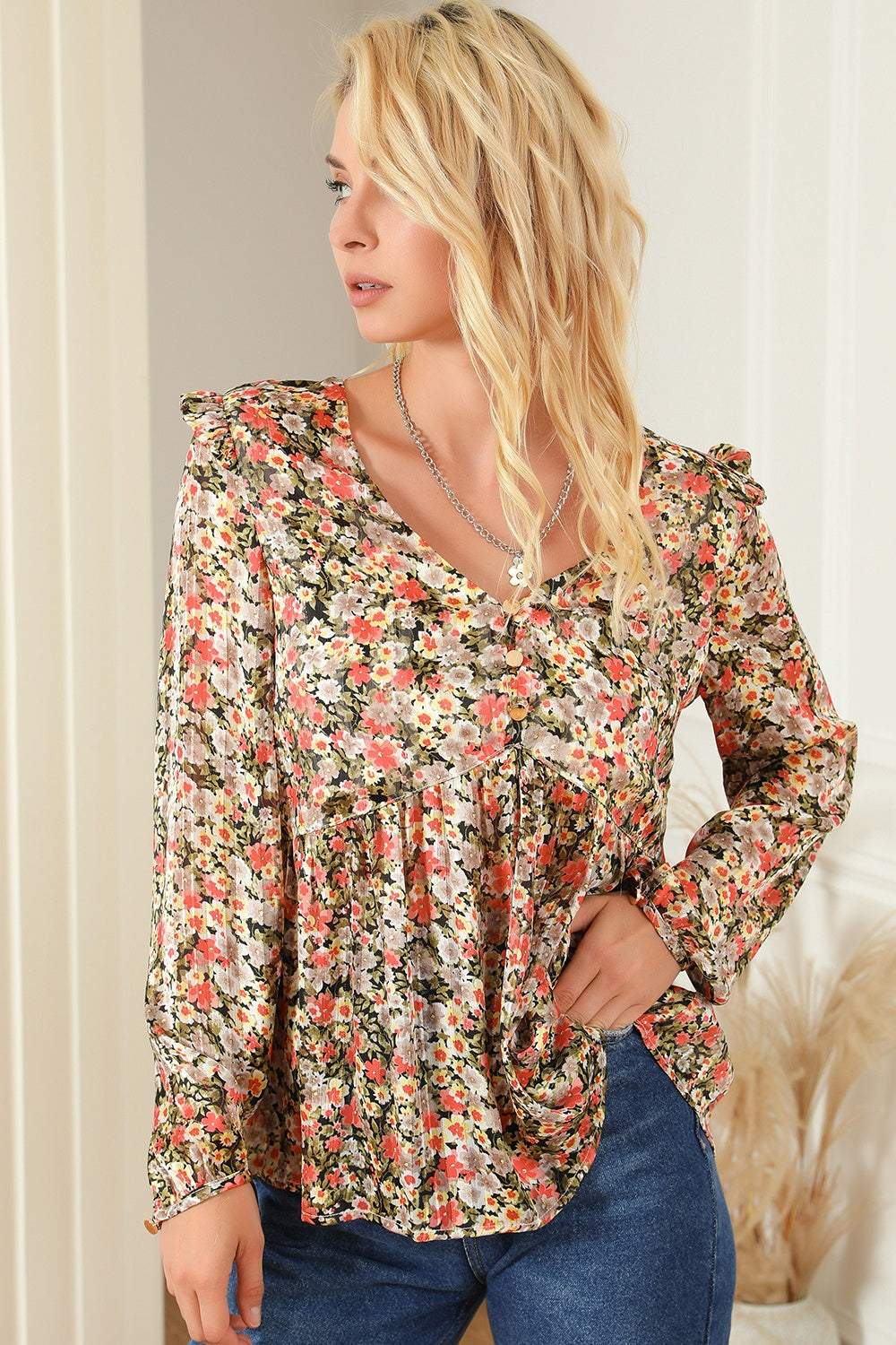 Floral V-Neck Babydoll Blouse - Classique Collection