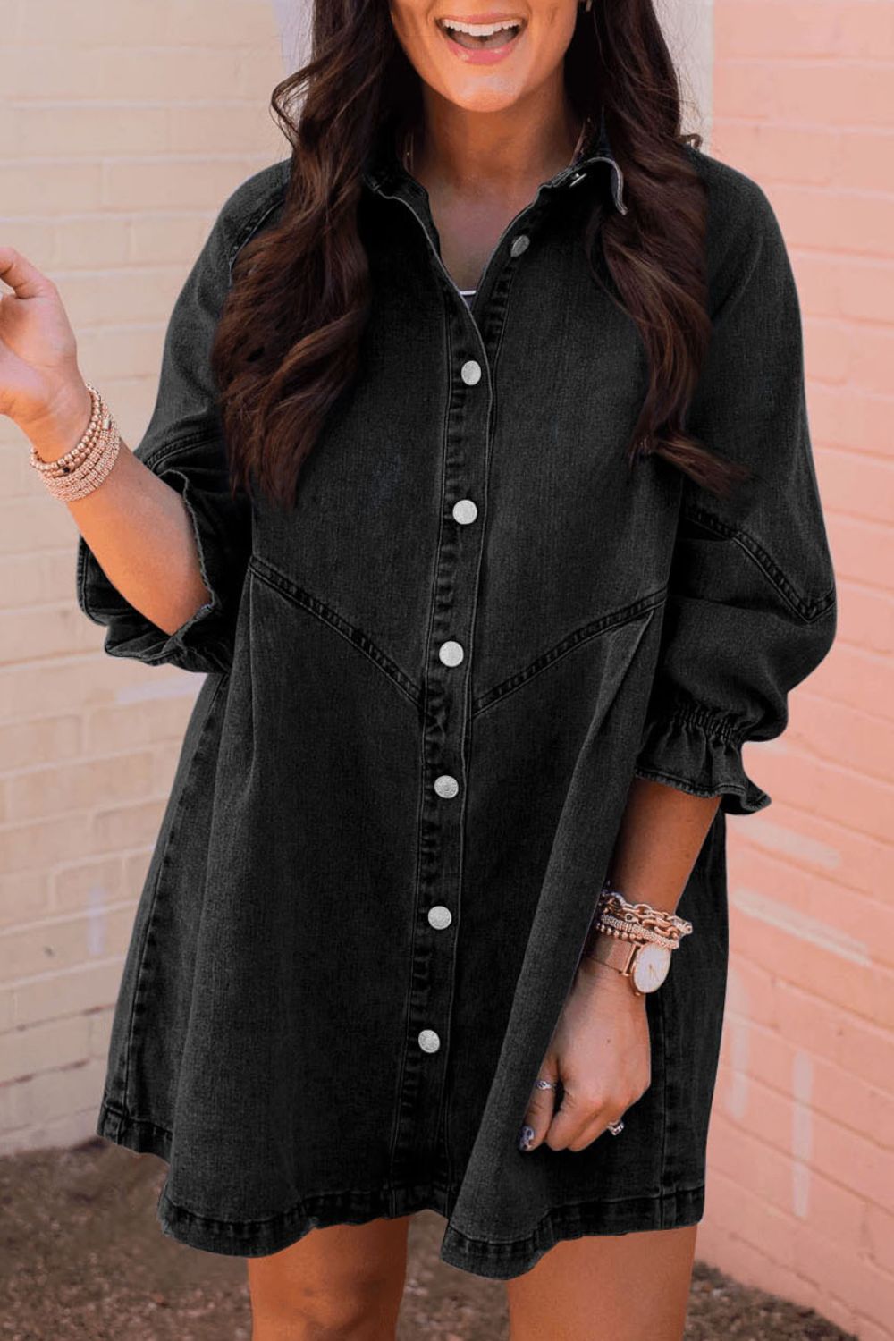 Distressed Collared Neck Flounce Sleeve Denim Dress - Classique Collection