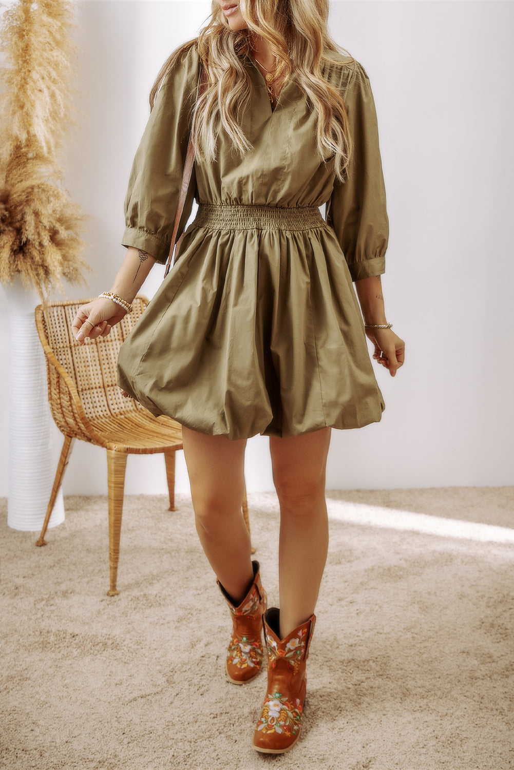 Smocked Johnny Collar Three-Quarter Sleeve Mini Dress - Classique Collection