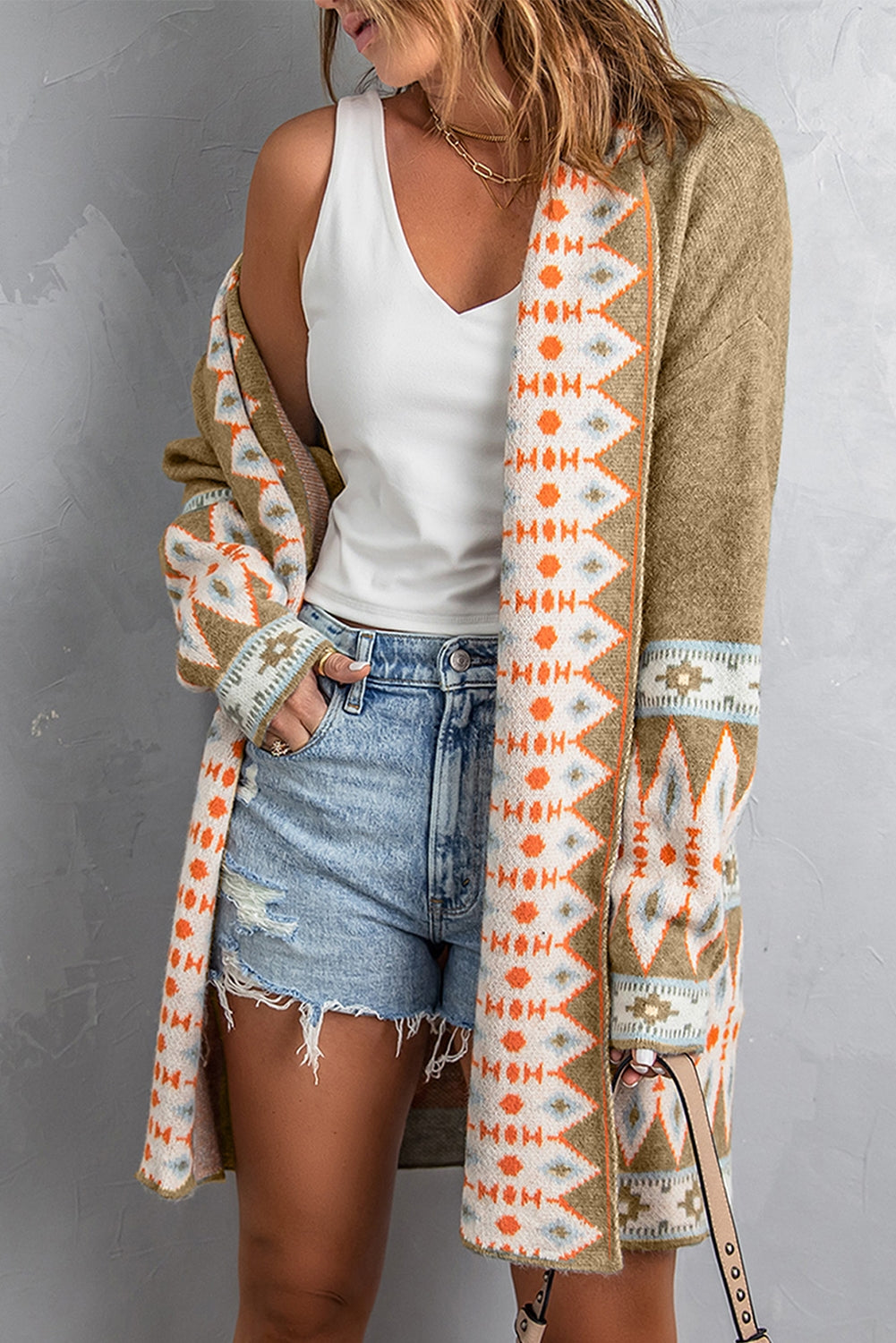 Geometric Open Front Long Sleeve Cardigan - ClassiQ