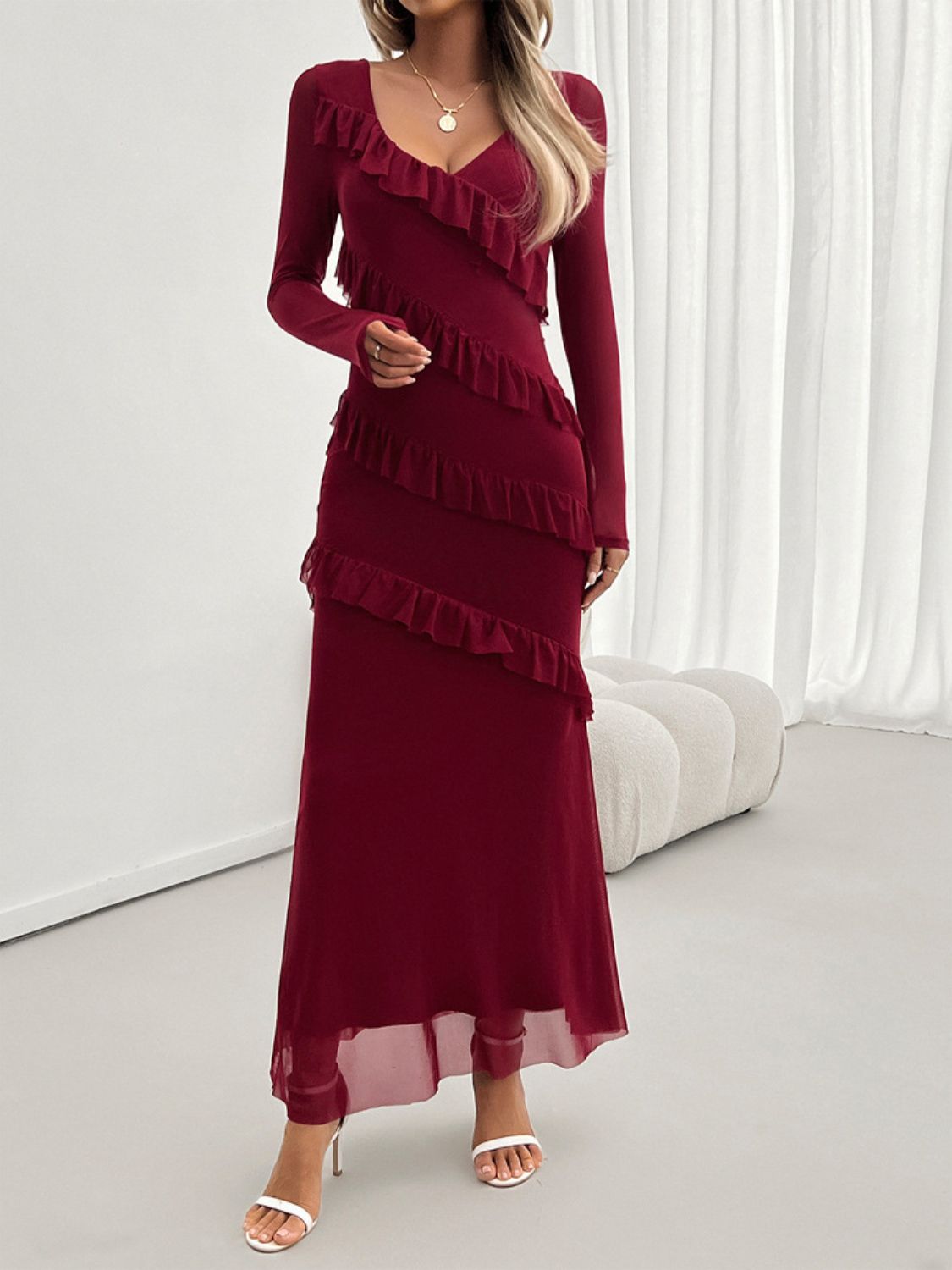 Devine Ruffled Surplice Long Sleeve Maxi Dress - Classique Collection