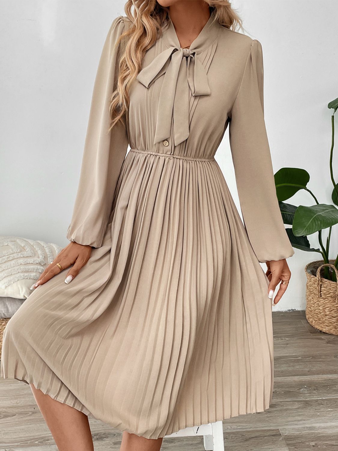 Perfee Pleated Tie Neck Long Sleeve Dress - Classique Collection