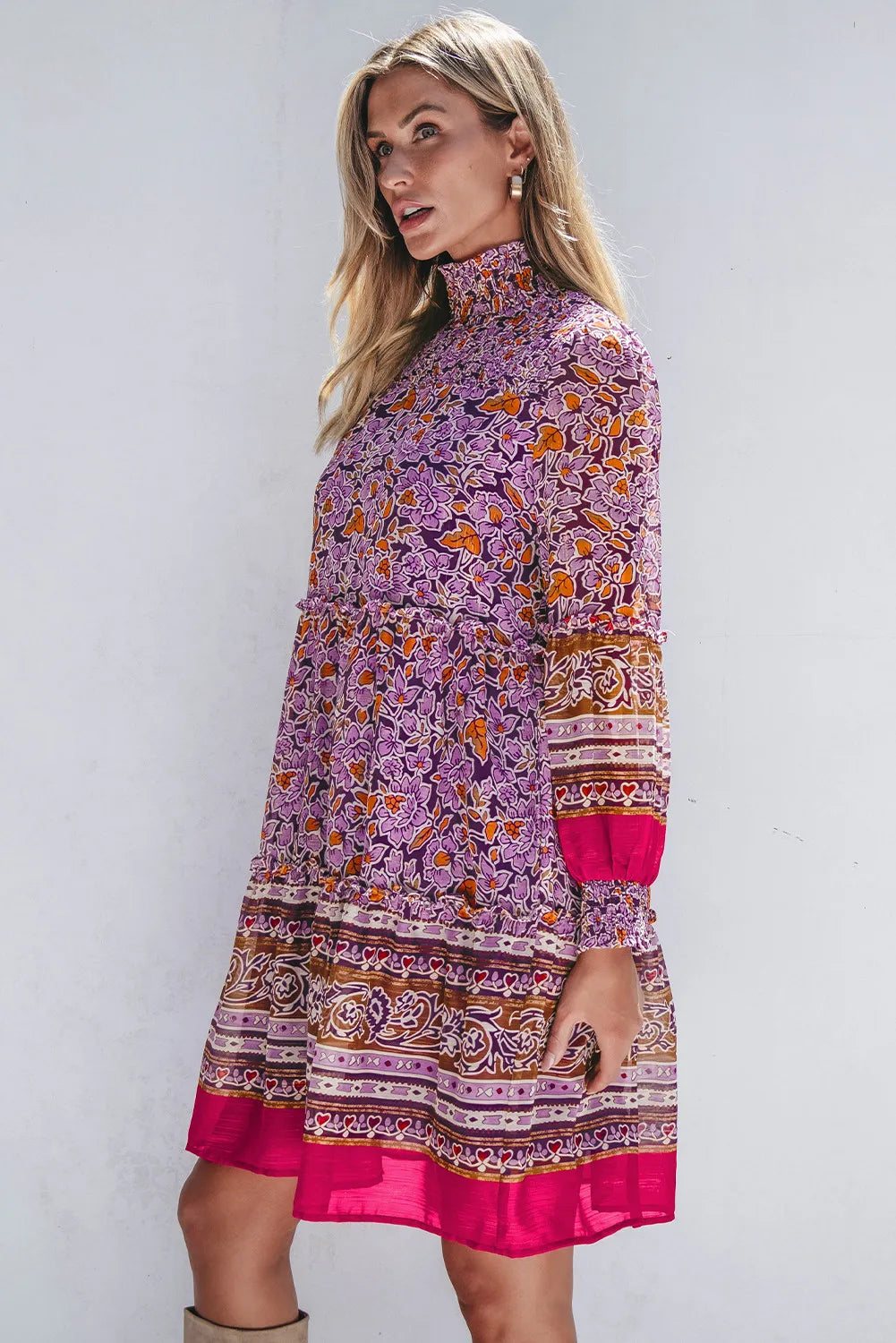 Smocked Floral Turtleneck Long Sleeve Dress - Classique Collection