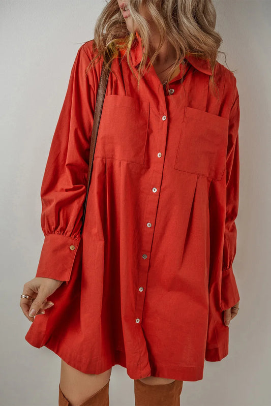 Pocketed Button Down Long Sleeve Shirt Dress - Classique Collection