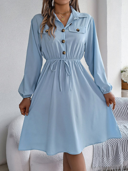 Collared Neck Long Sleeve Dress with Pockets - Classique Collection