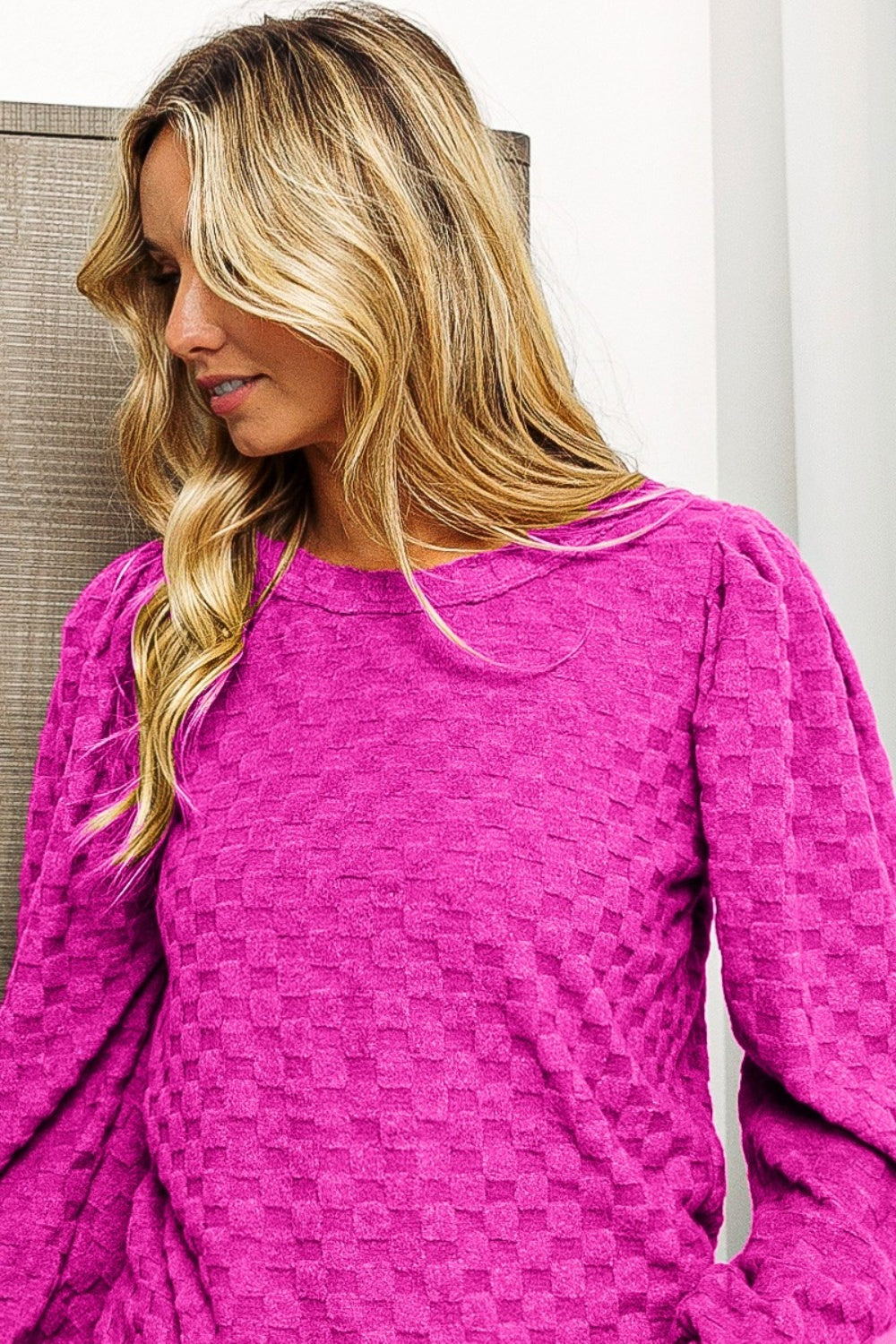 BiBi Round Neck Brushed Checker Top - Classique Collection
