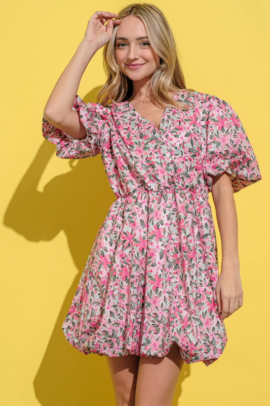 And The Why Full Size Floral Surplice Puff Sleeve Dress - Classique Collection