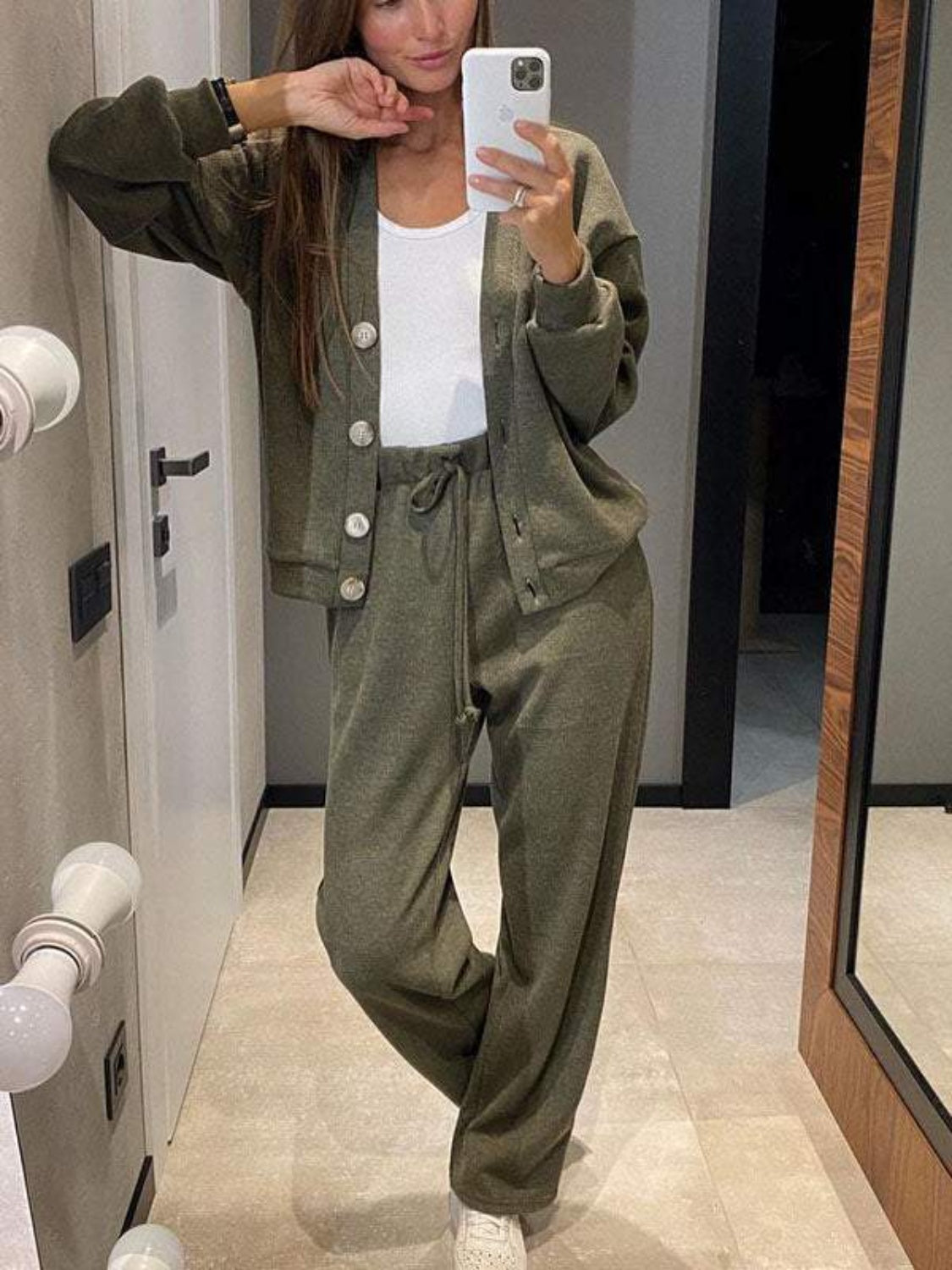 Full Size Button Up Long Sleeve Top and Pants Set - ClassiQ