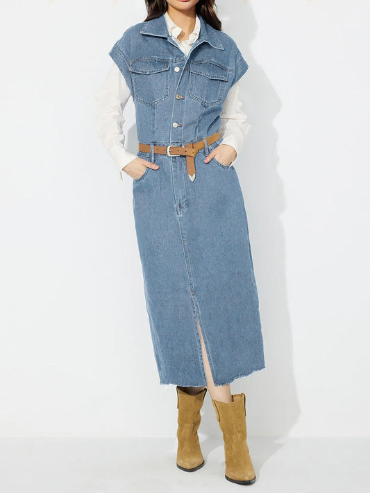 Slit Half Button Collared Neck Cap Sleeve Denim Dress - Classique Collection