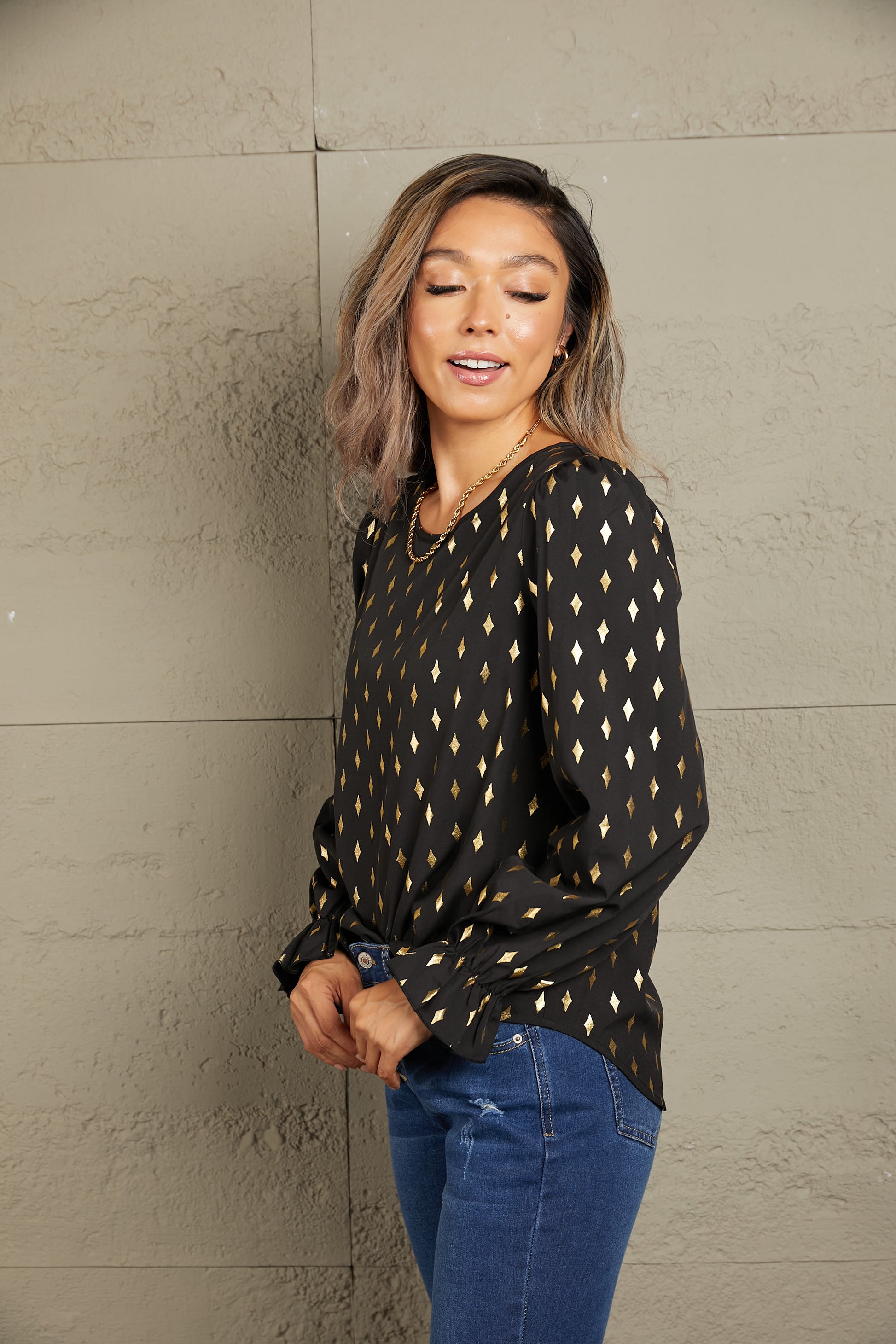 Perfee Printed Round Neck Flounce Sleeve Blouse - Classique Collection