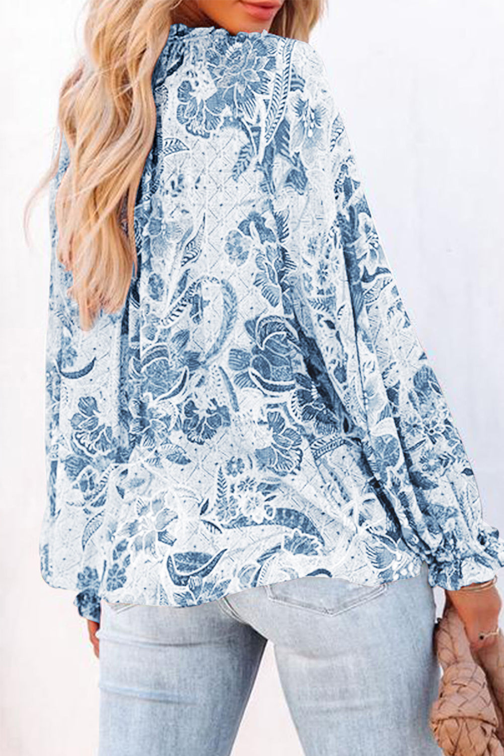 Floral Tie Neck Flounce Sleeve Blouse - Classique Collection