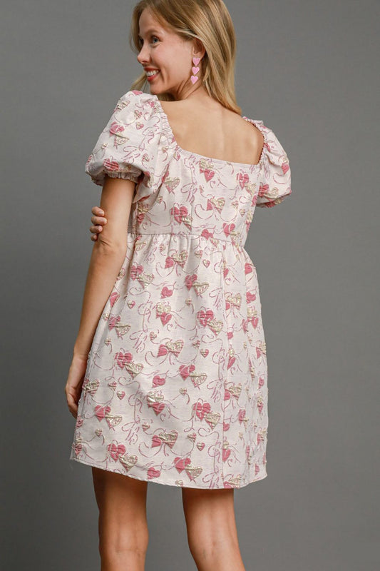 Umgee Heart Jacquard Square Neck Puff Sleeve Mini Dress - Classique Collection