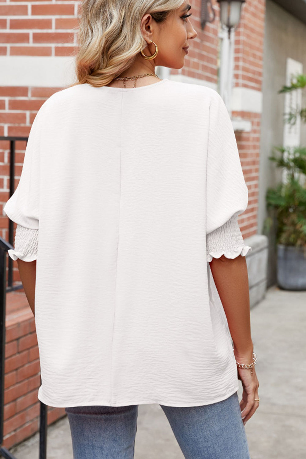 Round Neck Smocked Lantern Sleeve Blouse - Classique Collection