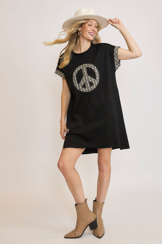 Umgee Peace Plaid Applique Short Sleeve Mini Dress - Classique Collection