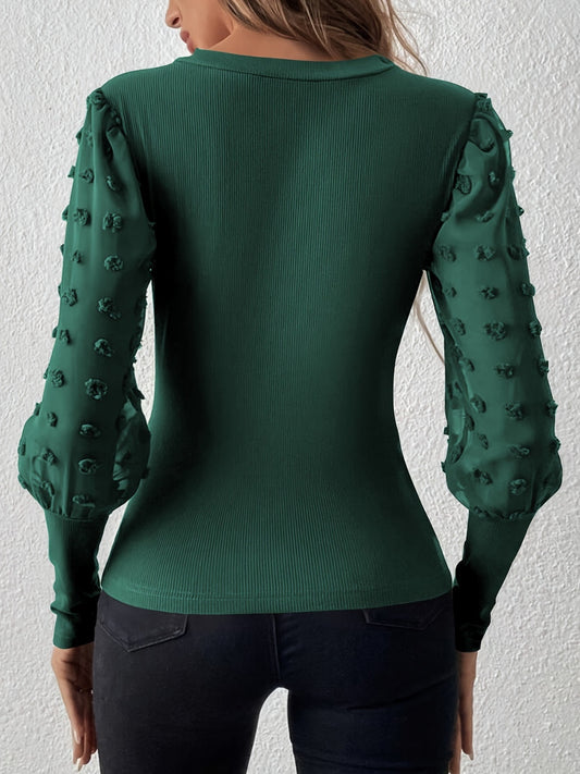 Swiss Dot V-Neck Long Sleeve Top - Classique Collection