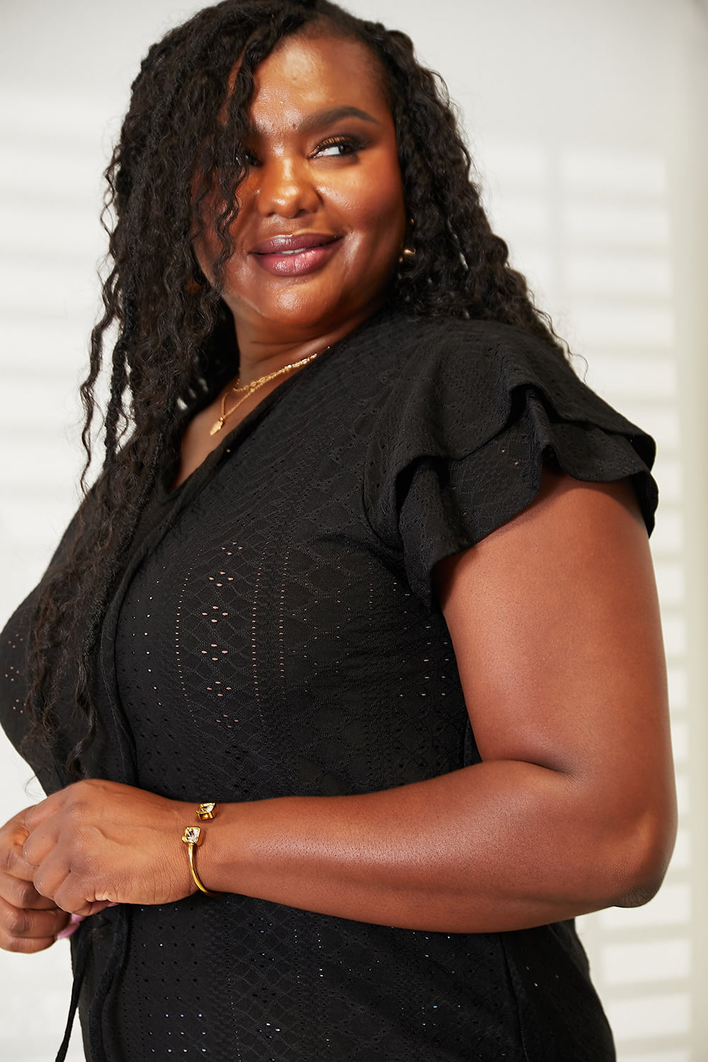 Mandy Eyelet Tie-Neck Flutter Sleeve Blouse - ClassiQ