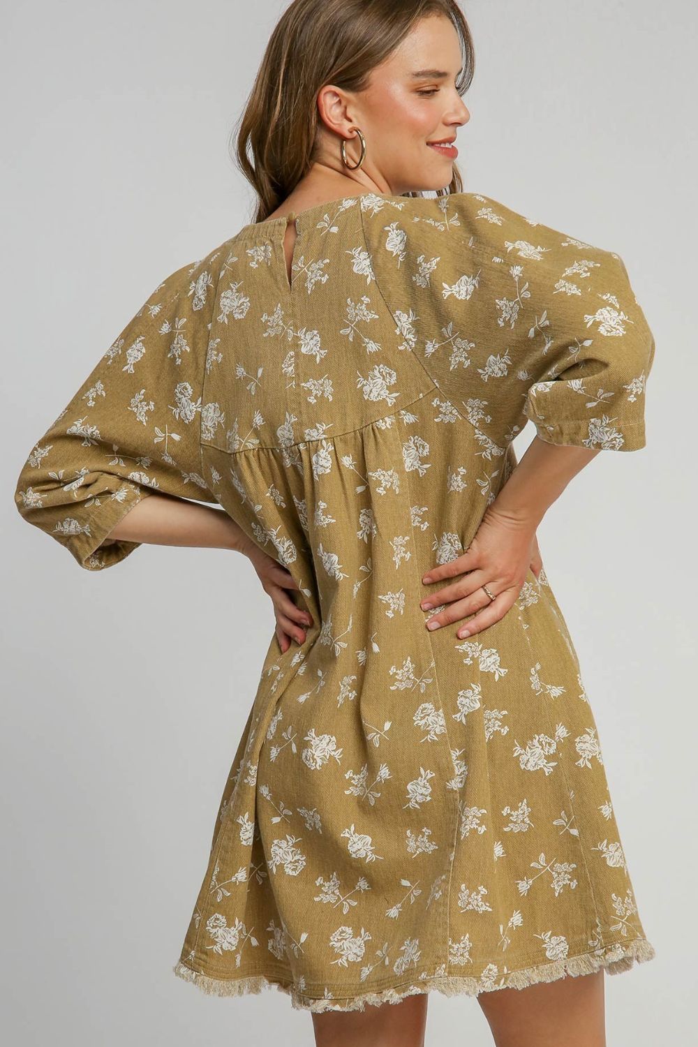 Umgee Raw Hem Floral Print Round Neck Denim Dress - Classique Collection