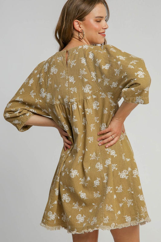 Umgee Raw Hem Floral Print Round Neck Denim Dress - Classique Collection