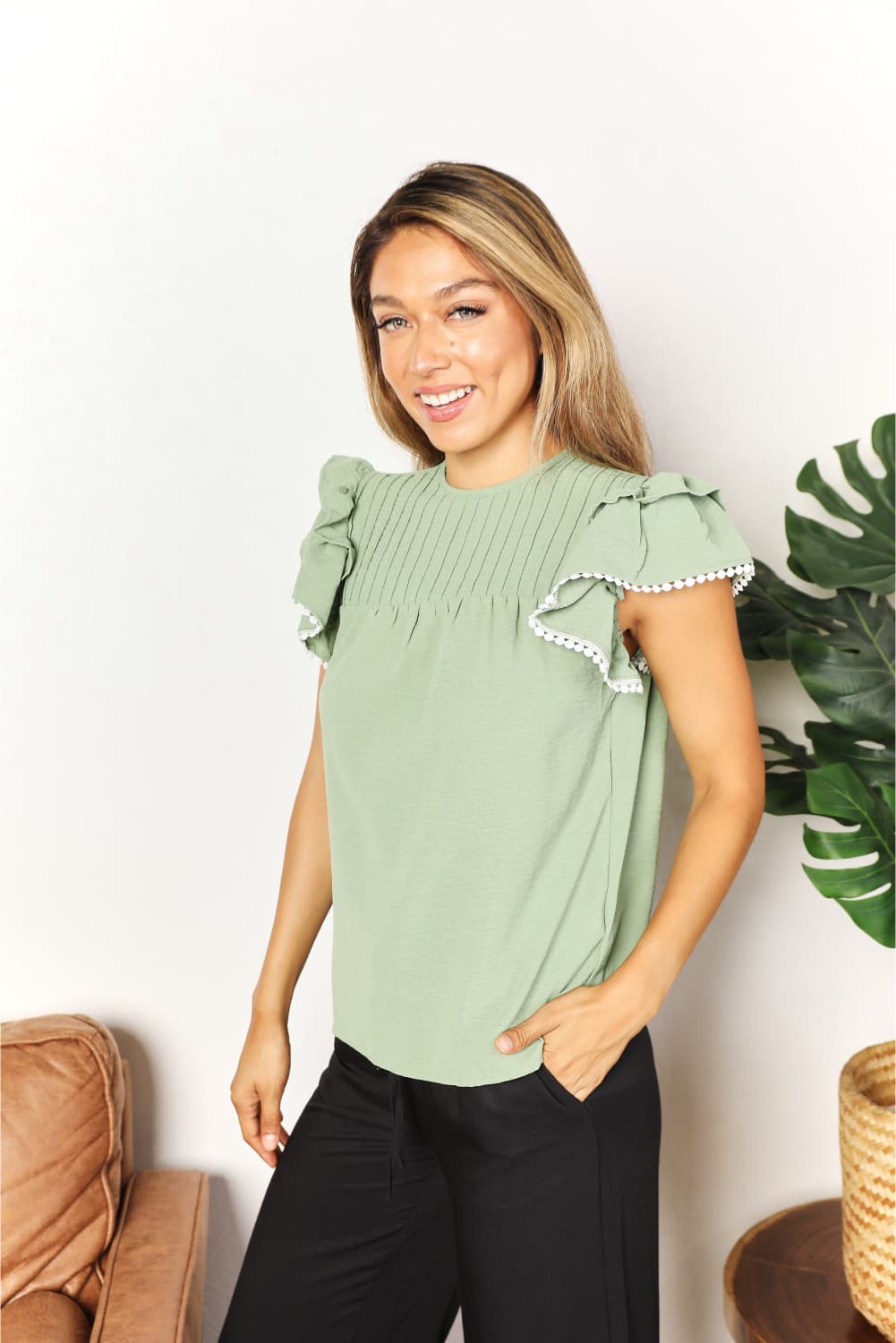 Perfee Pleated Detail Flutter Sleeve Blouse - ClassiQ