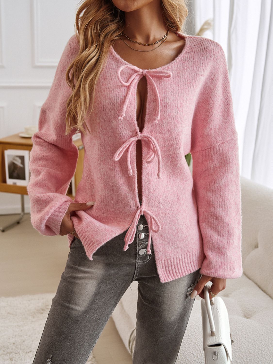 Devine Tied Round Neck Dropped Shoulder Cardigan - ClassiQ