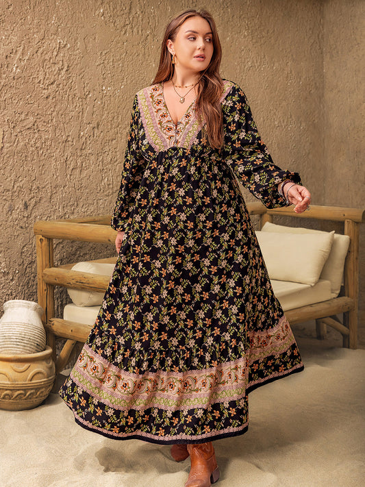 Plus Size Floral V-Neck Balloon Sleeve Dress - Classique Collection