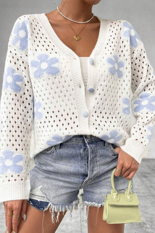 Flower Hollowed Out Button Down Long Sleeve Cardigan - Classique Collection
