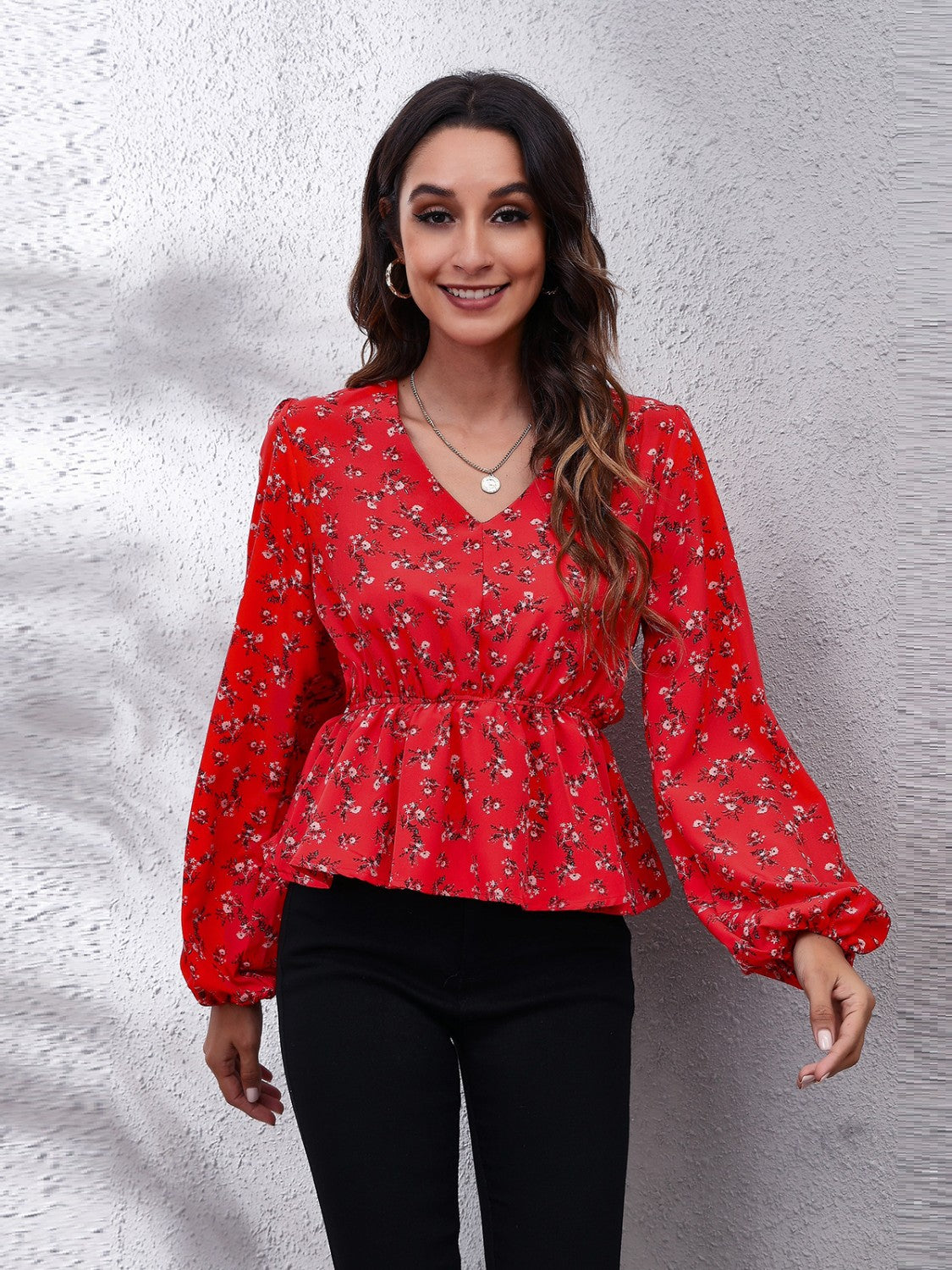 Floral V-Neck Balloon Sleeve Peplum Blouse - Classique Collection