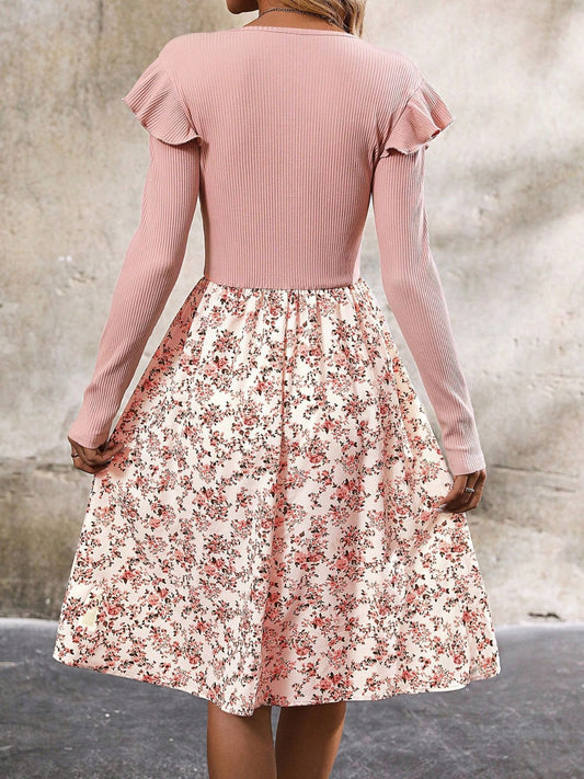Ruffled Floral Long Sleeve Knee Length Dress - Classique Collection