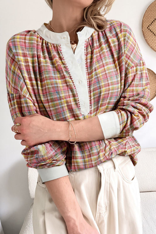 Mulit-Color Plaid Round Neck Long Sleeve Blouse - Classique Collection