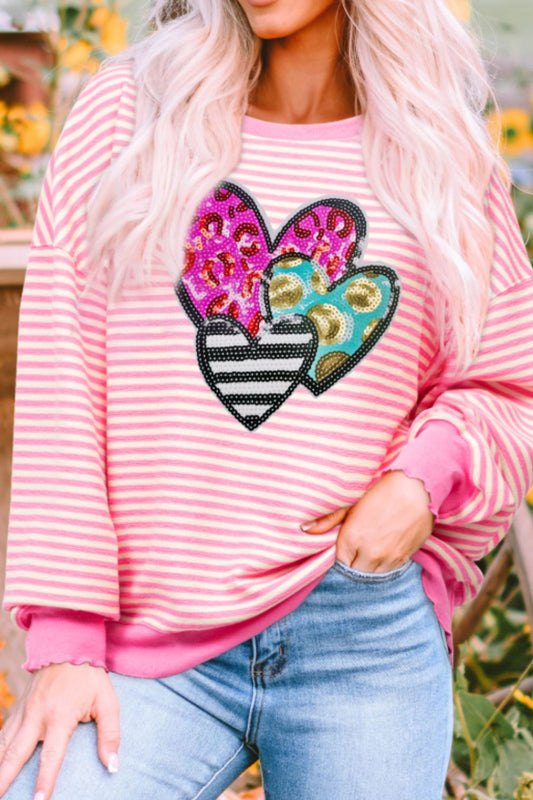 Striped Sequin Heart Round Neck Long Sleeve Sweatshirt - Classique Collection