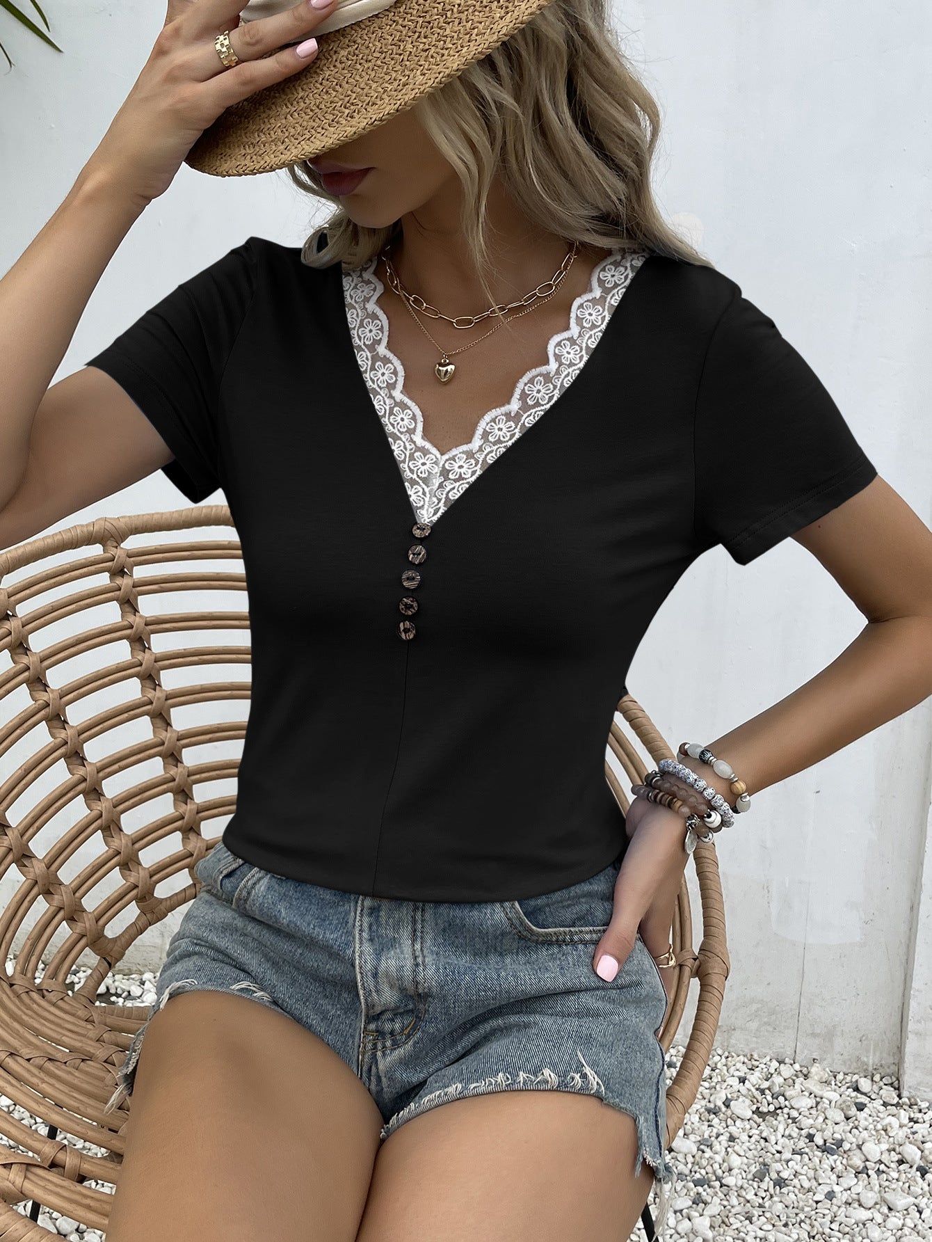 Ivy Lane Lace Trim V-Neck Short Sleeve Blouse - ClassiQ