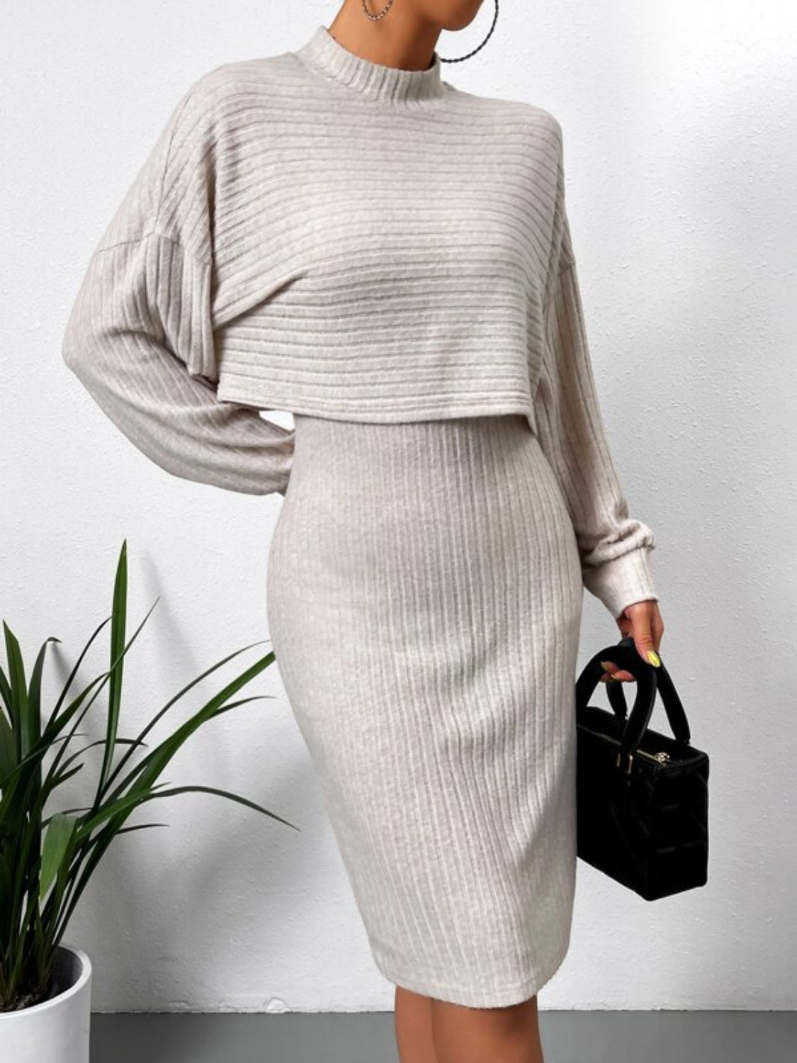 Mock Neck Long Sleeve Top and Wide Strap Dress Set - ClassiQ