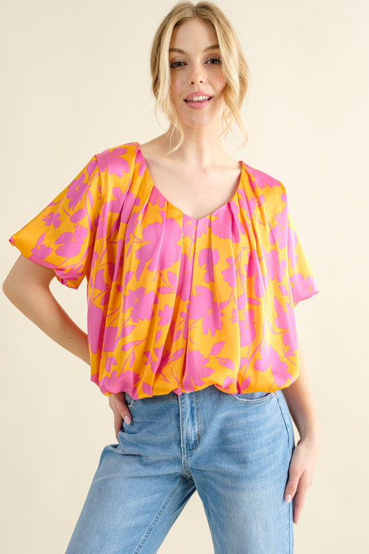 And The Why Full Size Printed Satin Bubble Hem Top - Classique Collection