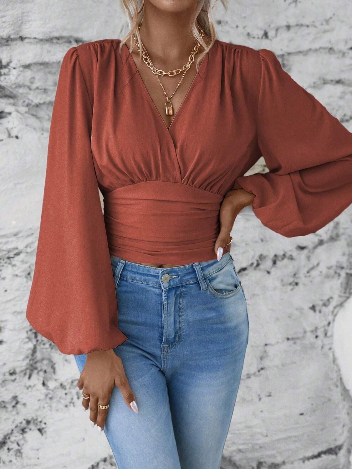 Smocked Surplice Balloon Sleeve Top - Classique Collection