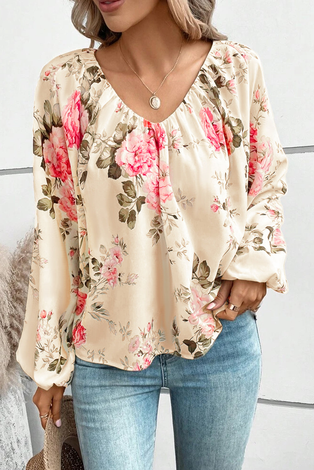 Floral V-Neck Balloon Sleeve Blouse - Classique Collection