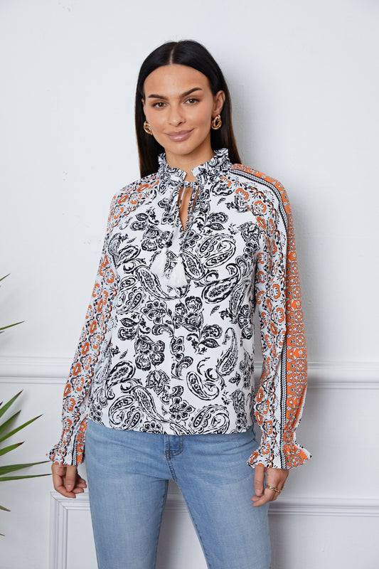 Tassel Tie Neck Printed Smocked Long Sleeve Blouse - ClassiQ