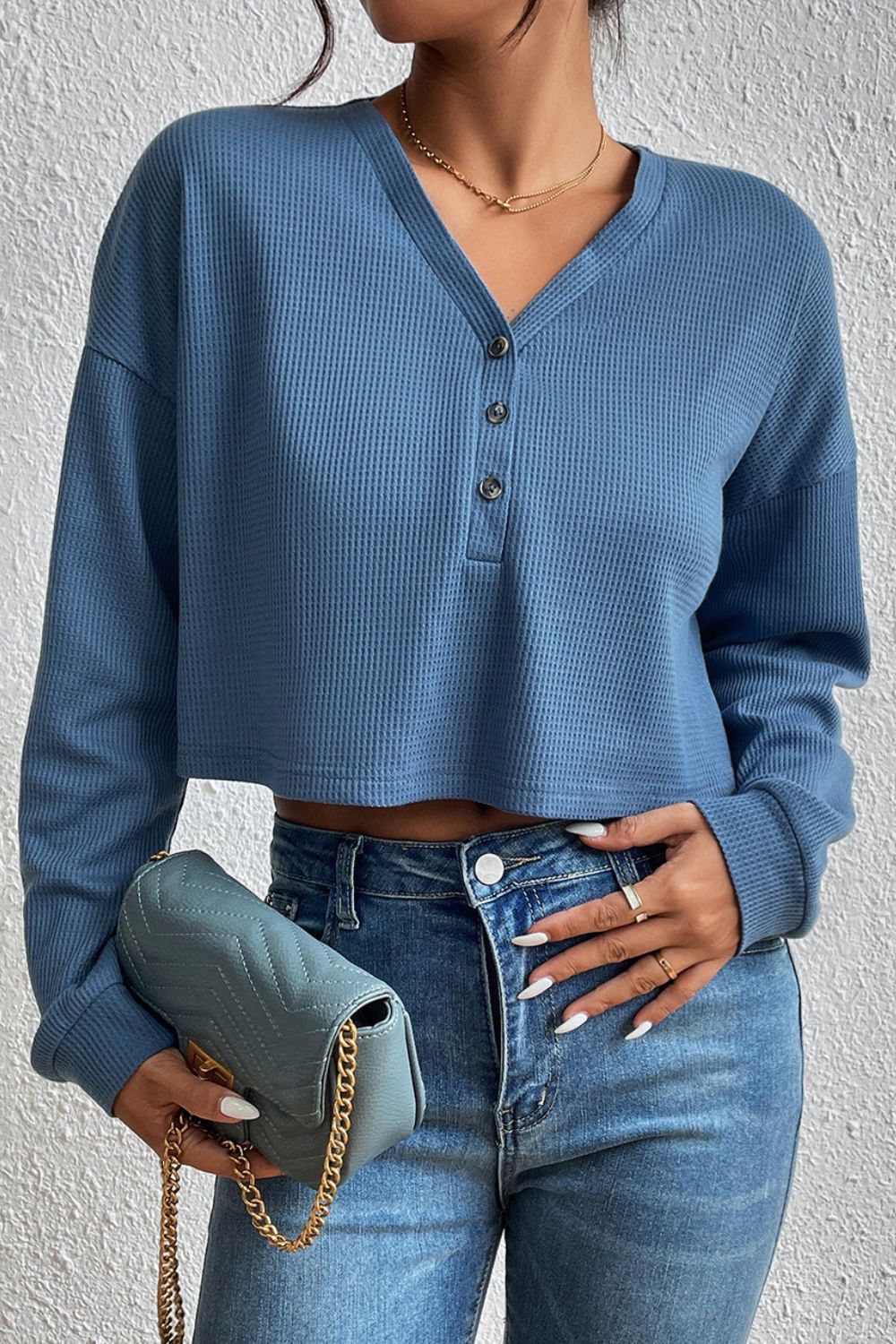 Ivy Lane Cropped V-Neck Raglan Sleeve Buttoned Blouse - Classique Collection