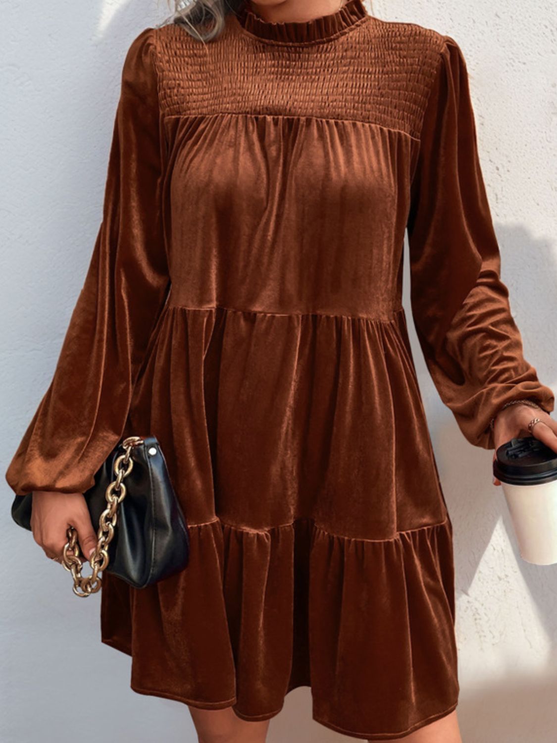 Perfee Tiered Ruched Mock Neck Long Sleeve Dress - Classique Collection