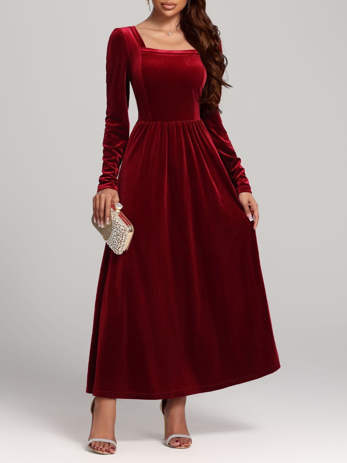 Velvet Square Neck Long Sleeve Dress - Classique Collection