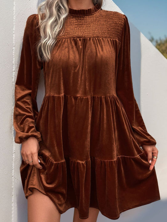 Perfee Tiered Ruched Mock Neck Long Sleeve Dress - Classique Collection