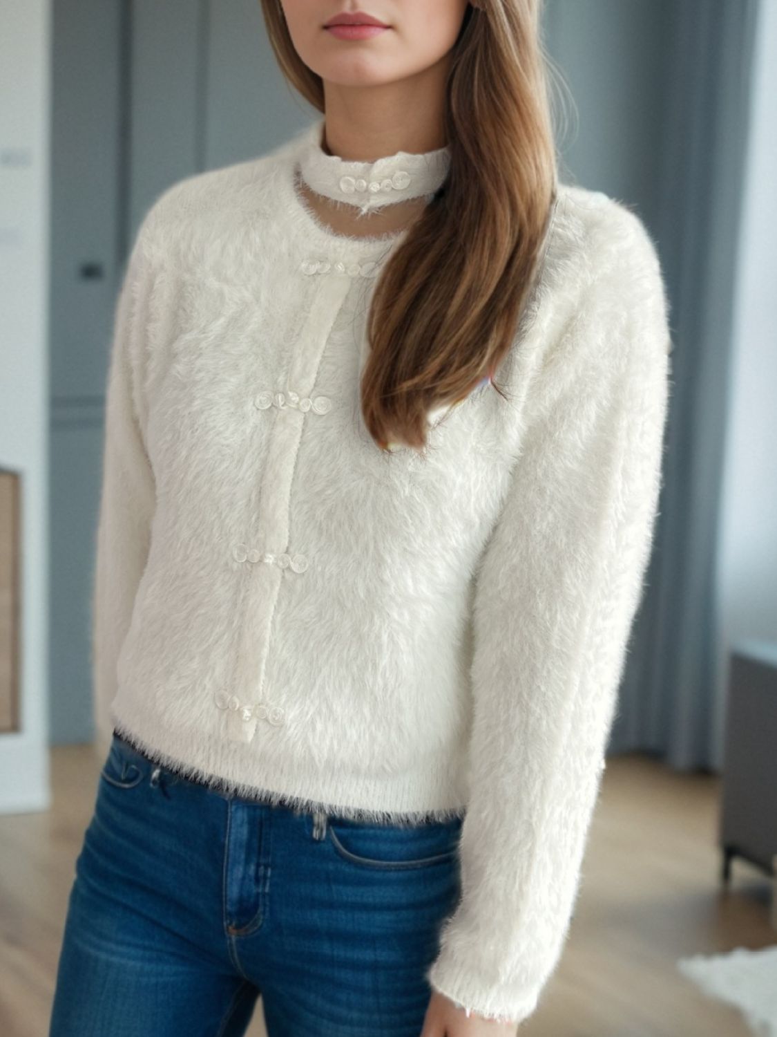 Cutout Knot Button Long Sleeve Cardigan - ClassiQ