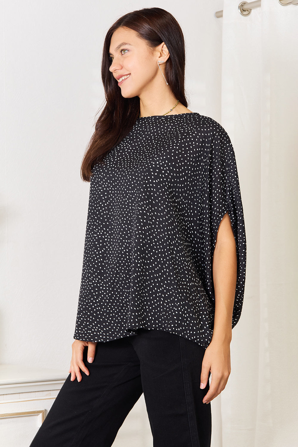 Perfee Printed Dolman Sleeve Round Neck Blouse - Classique Collection