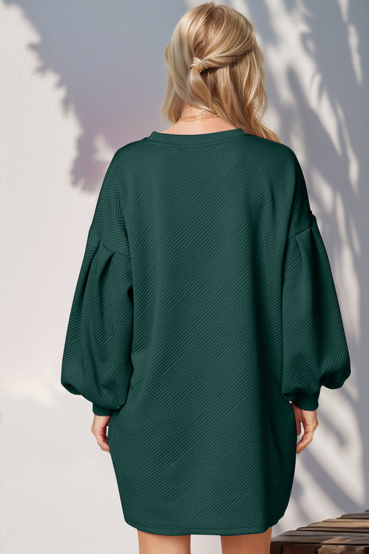 Double Take Drop Shoulder Lantern Sleeve Texture Mini Dress with Pockets - Classique Collection