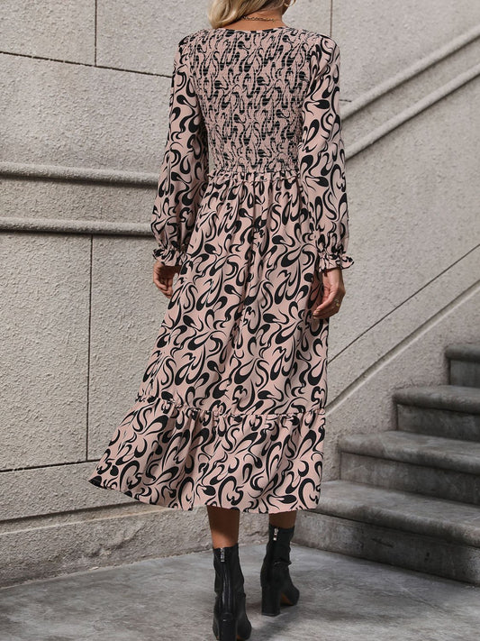 Perfee Printed V-Neck Long Sleeve Midi Dress - Classique Collection