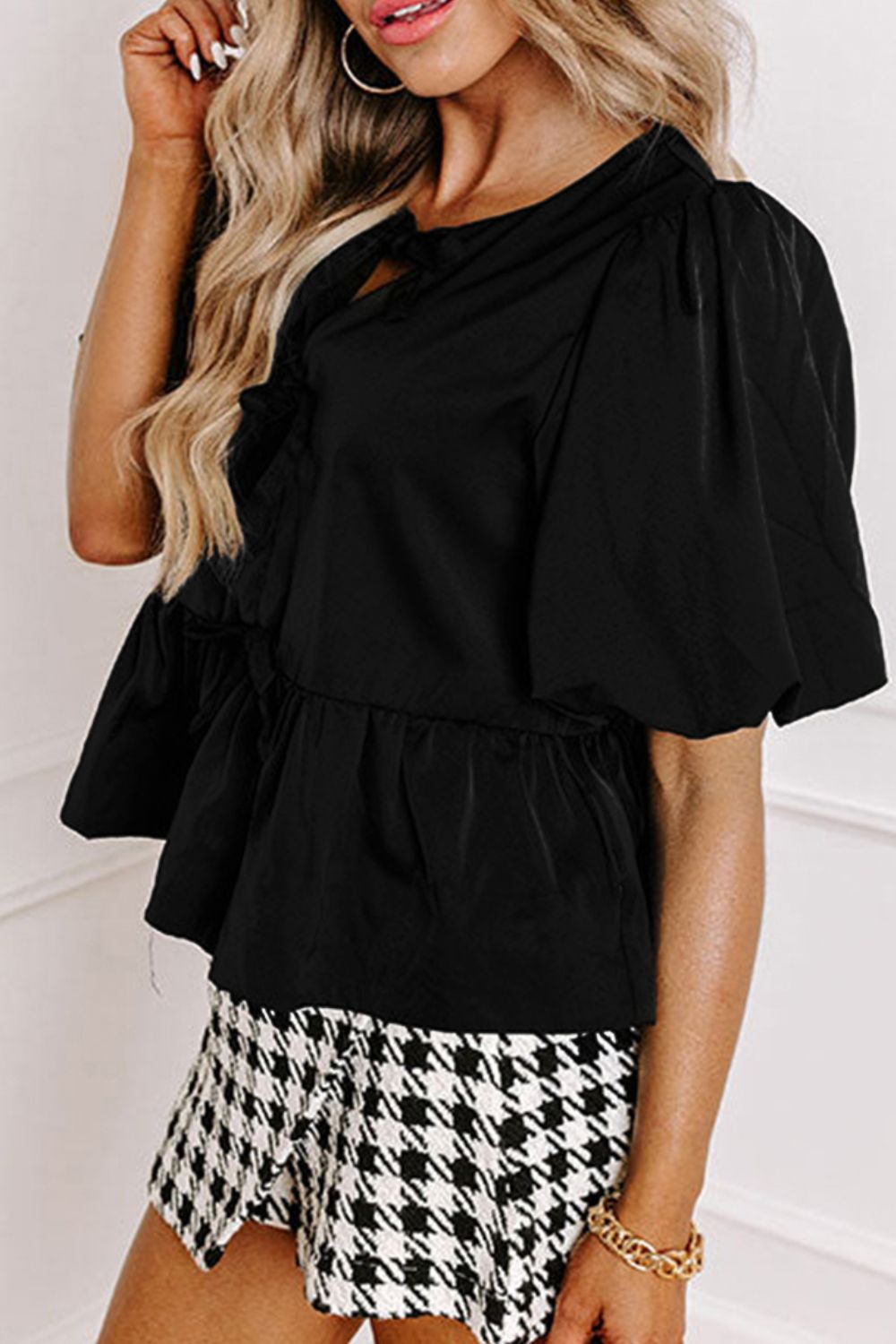 Cutout Round Neck Puff Sleeve Blouse - ClassiQ