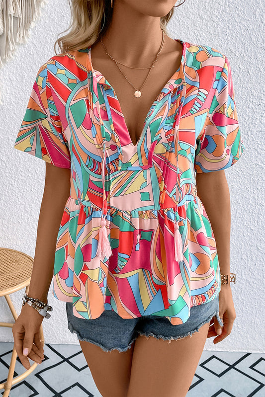 Printed Tie Neck Short Sleeve Blouse - Classique Collection