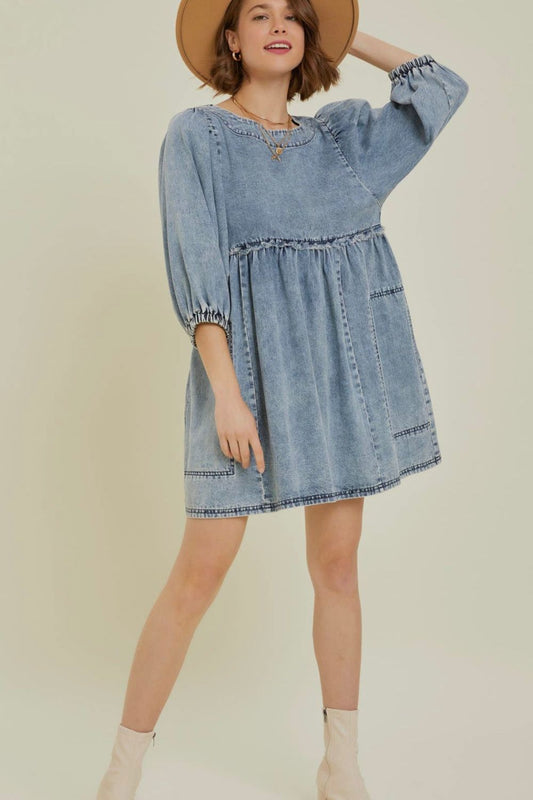 Cutout Round Neck Balloon Sleeve Denim Dress - Classique Collection