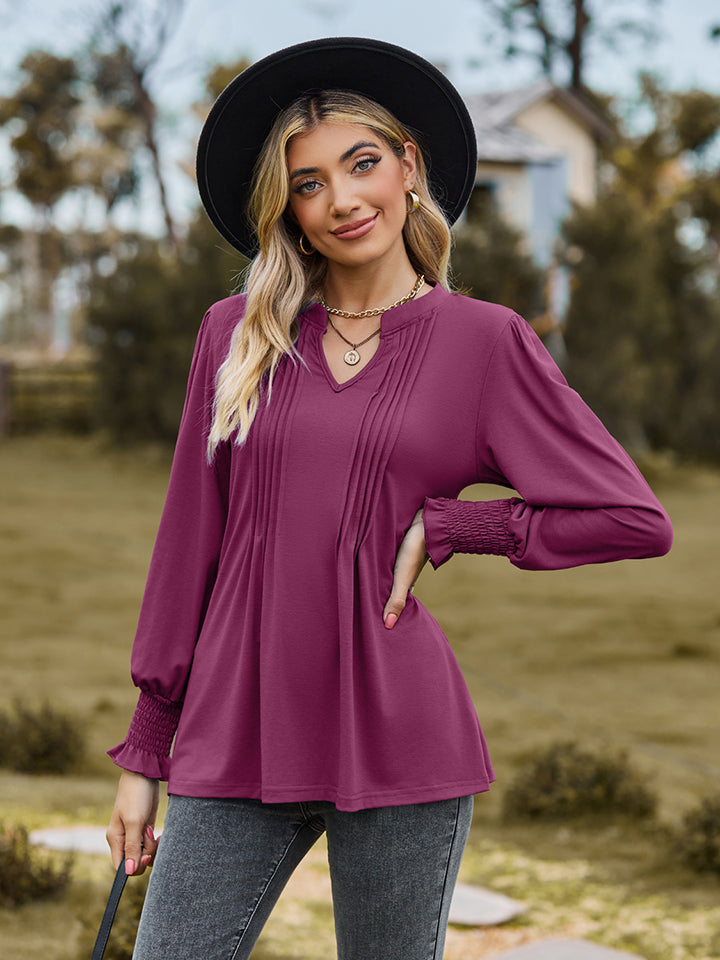 Notched Neck Flounce Sleeve Blouse - Classique Collection