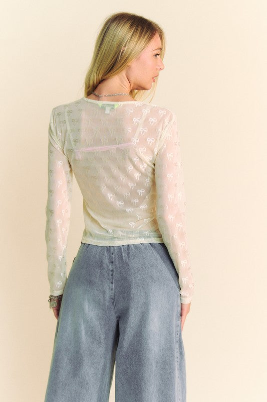 Davi & Dani Bow Mesh Round Neck Long Sleeve Top - Classique Collection