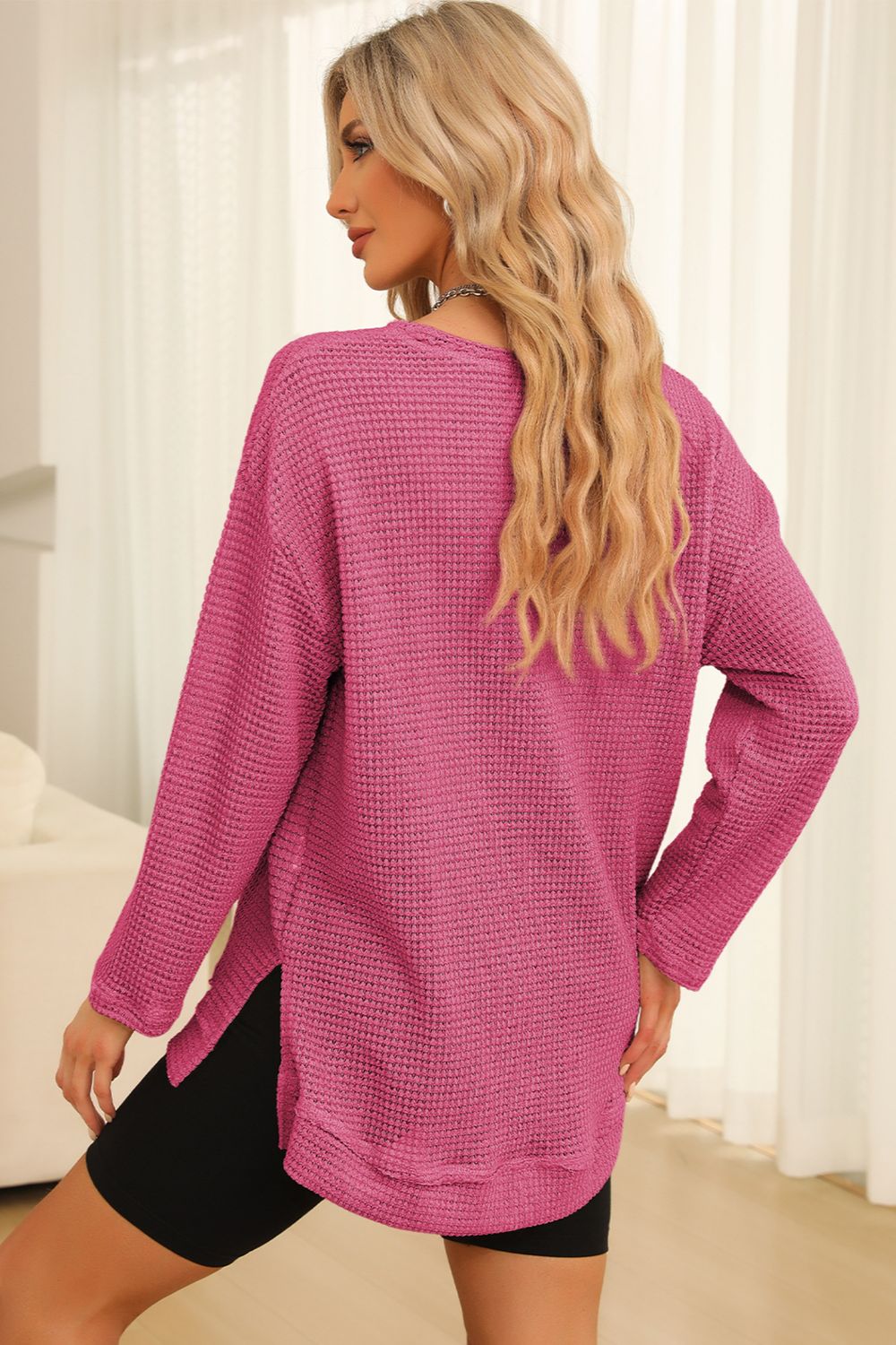 Waffle-Knit Round Neck Long Sleeve Sweatshirt - Classique Collection